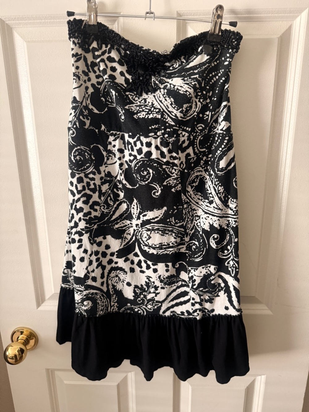 Black and White Paisley strapless dress with Ruffle. Hand beaded on top & ruffle